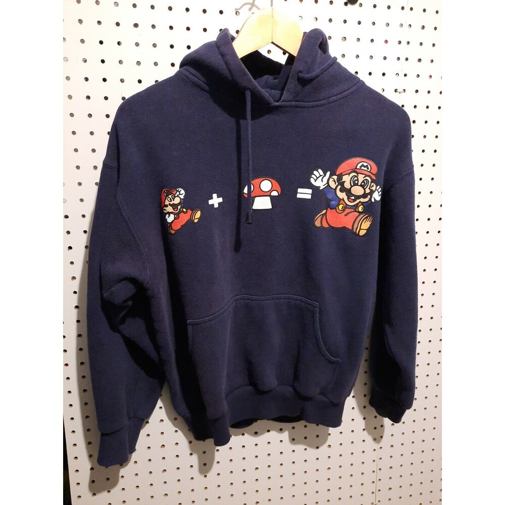 Nintendo Super Mario Hoodie Navy Blue Pullover Sweatshirt Pockets Size Small